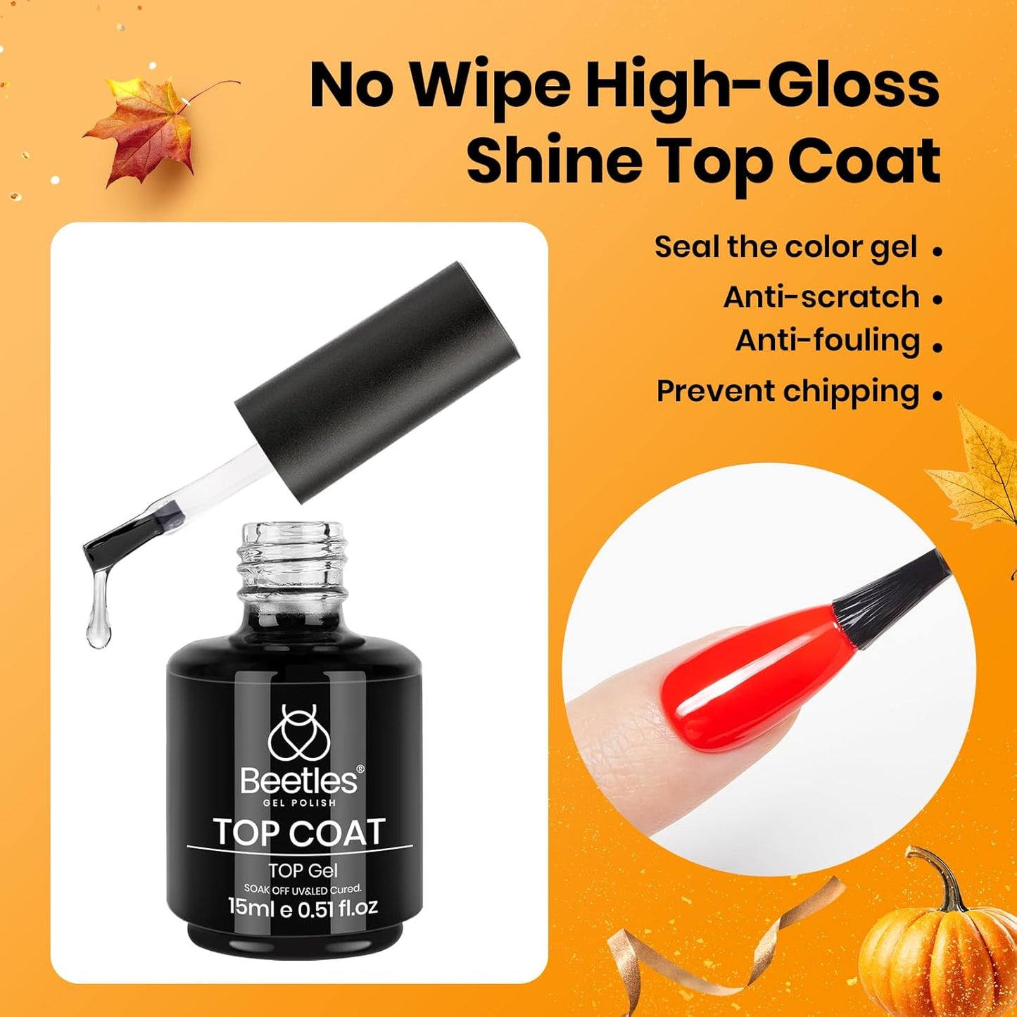 Beetles 2 Pcs 15ml No Wipe Gel Top Coat and Base Coat Set - Shine Finish and Long Lasting, Soak Off LED Nail Lamp Gel Base Top Coat Finish Nail Art Design Manicure Gifts for Women