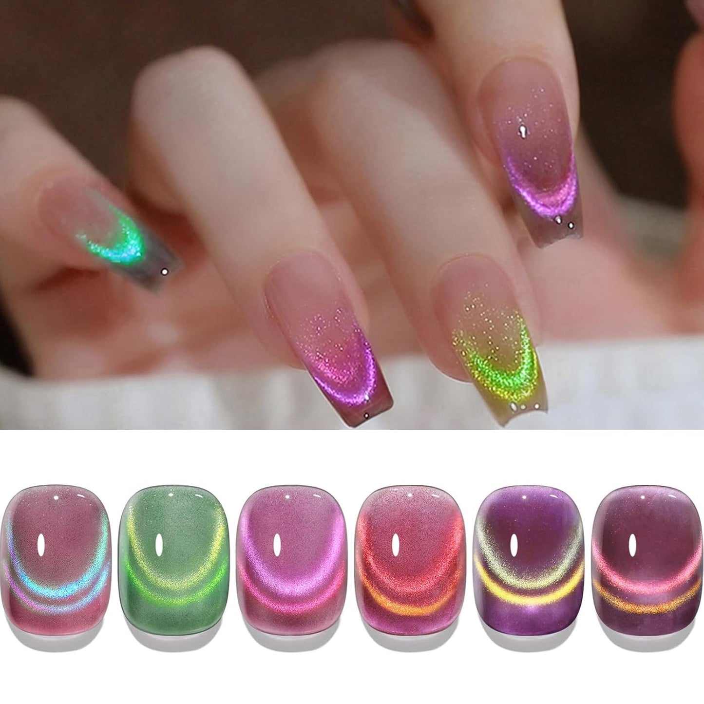 Born Pretty Cat Magnetic Eye Gel Nail Polish Rainbow Aurora Cat Magnetic Gel Polish Pink Green Blue Yellow Glitter Holographic Cat Magnetic Eye Gel Manicure Nail Art DIY, Firefly Aurora Series 6PCS