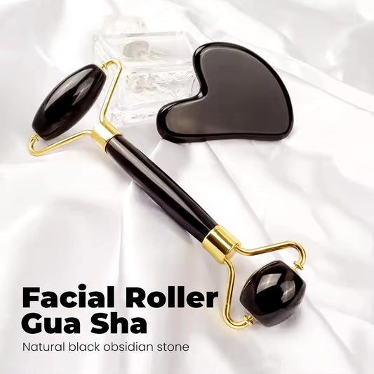Gua Sha Facial Tools & Face Roller by ROSELYNBOUTIQUE Original Face Massager for Puffiness Wrinkless Skin Care Routine - Self Care Gift for Men Women (Black Obsidian)