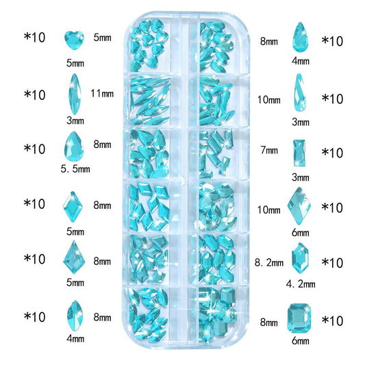 HNUIX Nail Rhinestones - 3D Multi Shape Size Crystal, Aquamarine Nail Gems, Flat Back, with Kit, for Nail Art, DIY Decorations