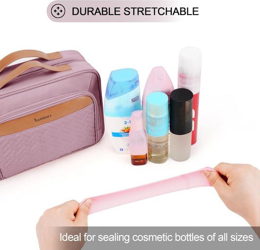 Travel Hanging Toiletry Bag for Women, Large Makeup Bag 8 Leak Proofing Silicone Bottle Covers, Waterproof Cosmetic Bag with Jewelry Organizer Compartment, Toiletries Kit Set, Purple