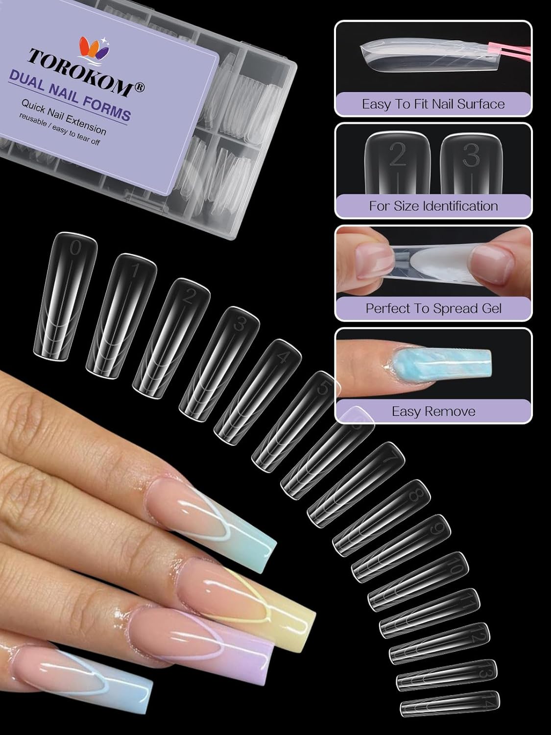TOROKOM Poly Extension Gel Dual Nail Forms 150Pcs Coffin Clear Nail Forms Full Cover Coffin Nail Molds 15 Sizes for Gel Manicure Nail Art Design Salon&DIY