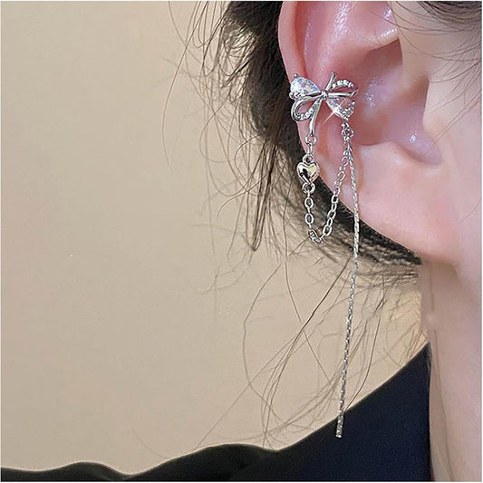 Vintage Crystal Bow Ear Cuff Earrings Rhinestone Bow Cuff Earrings Silver Long Chain Tassel Earrings Cz Chain Dangle Earrings Jewelry for Women