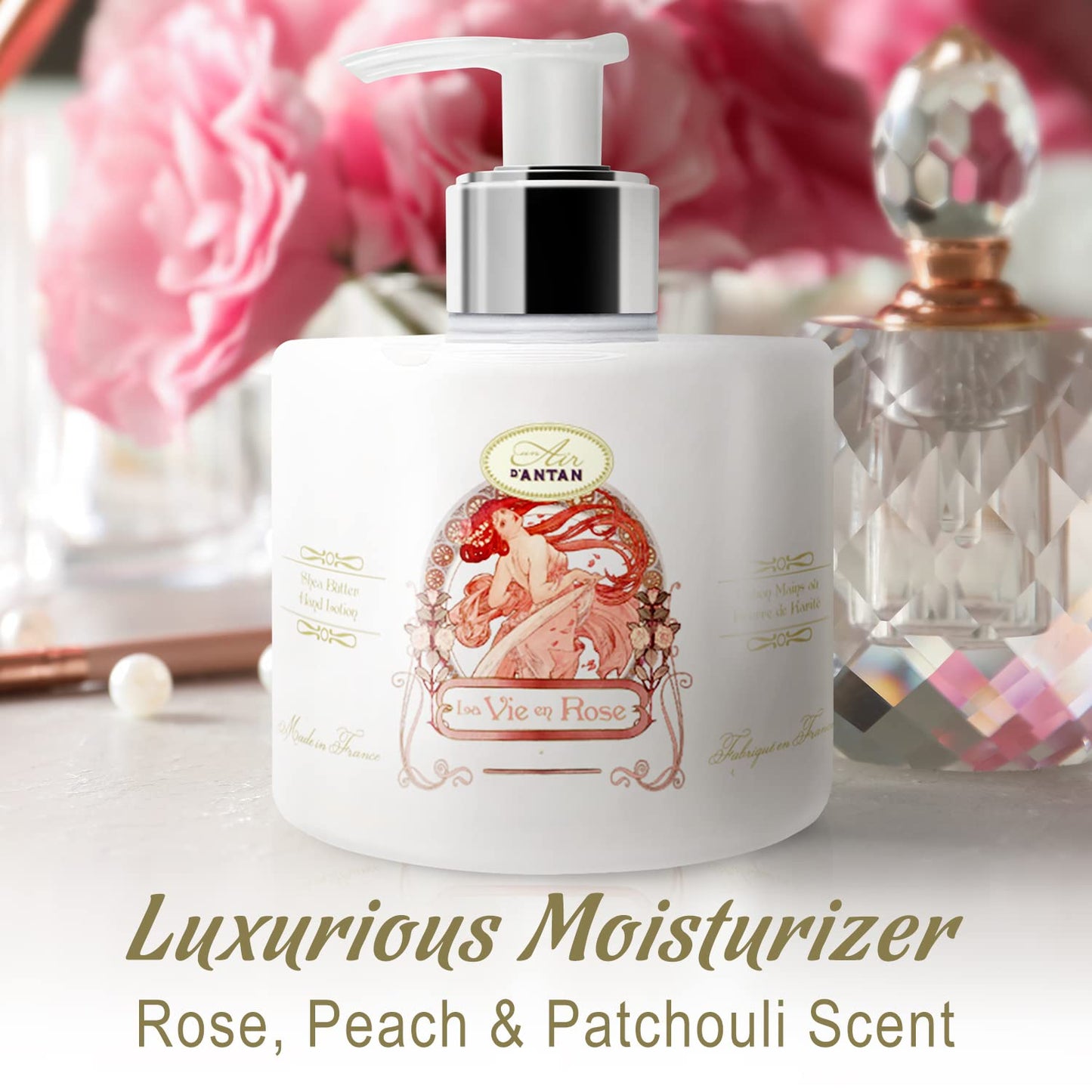 Un Air d'Antan Hand Cream for Dry Cracked Hands 10.5oz - Hand Lotion Pump, Non Greasy Moisturizer with Essential Oils, Cruelty Free Formula - Rose Peach Patchouli