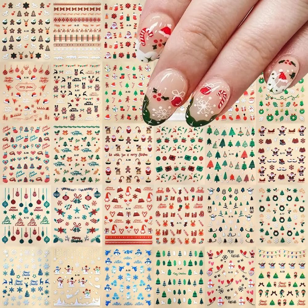 30 Sheets Christmas Nail Art Stickers 3D Self- Adhesive Snowflake Nail Charms Decals White Red Christmas Nail Decorations Accessories Supplies