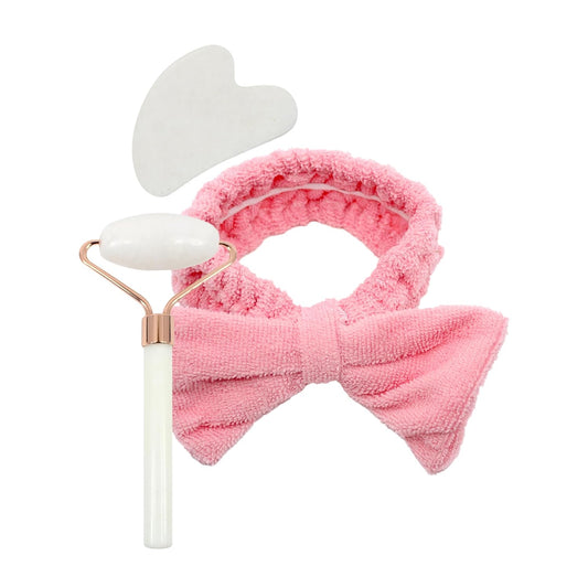 Earth & I Fuzzy headband White Jade Roller & Face Guasha Set 3pc, At Home Spa Essentials, Women Self Care, Face Tool for Lymphatic Drainage, Gua Sha Roller, Gusha, Spa Accessories for Women
