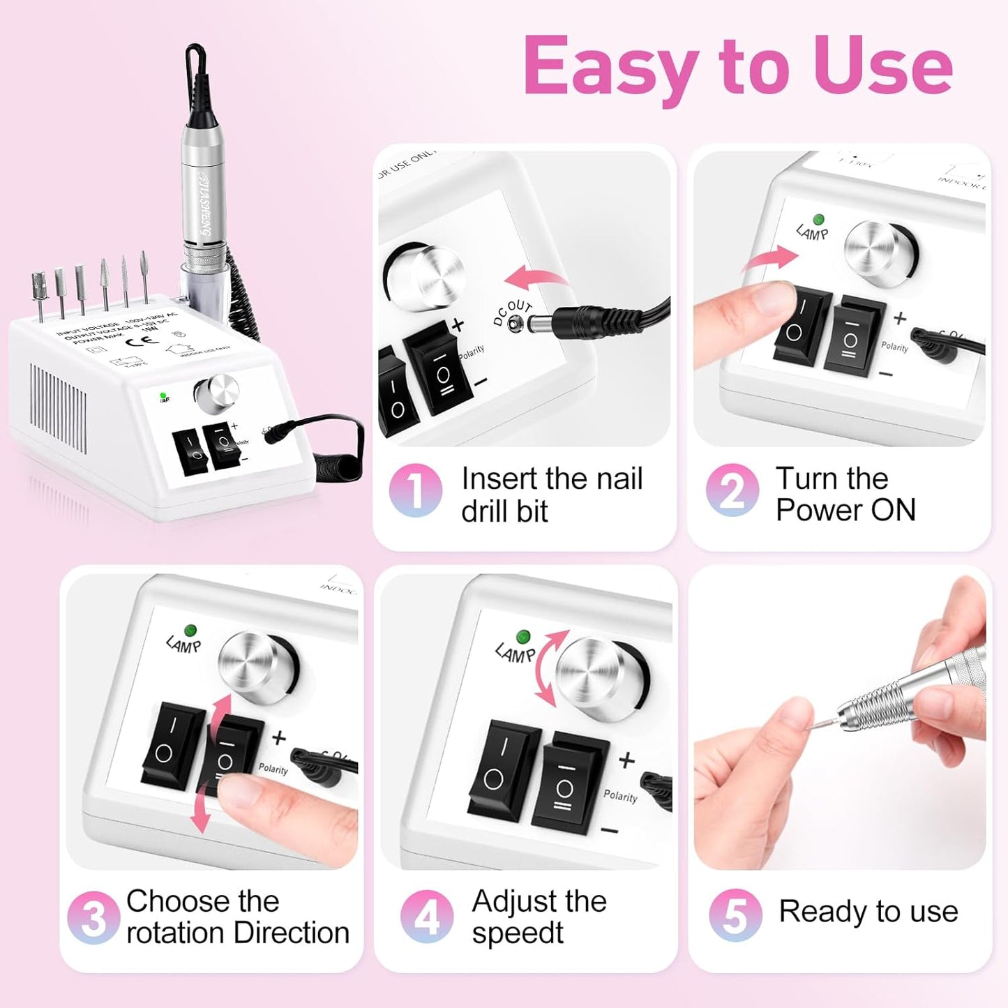 Jiasheng Electric Nail Drill, 30000rpm Professional Nail Drill Machine, Compact Electrical Nail File Kit for Acrylic Gel Nails Efile Drill for Manicure and Pedicure Salon Use White