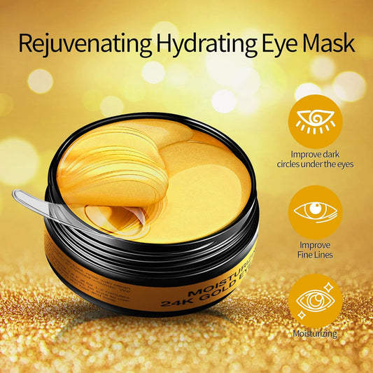 Under Eye Patches - 60 Pieces - 24k Gold Eye Mask - Anti-Aging - Contains Collagen and Hyaluronic Acid - Removes Dark Circles, Puffiness and Wrinkles, Moisturizes - Home Beauty