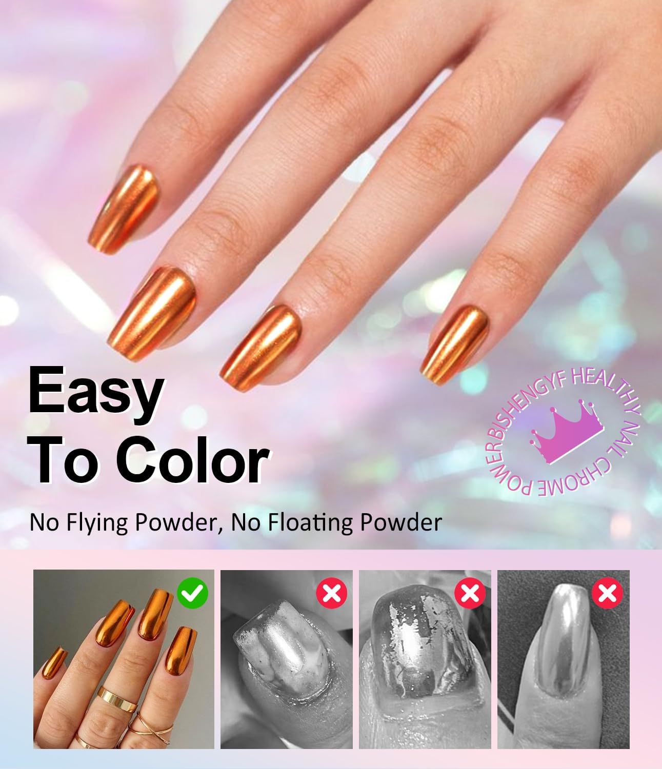 Rose Gold Chrome Nail Powder: Metallic Mirror Powder Holographic Pigment Powder Silver Green Chrome Nail Powder for Nails Rose Gold Nail Chrome Powder for Nails Art DIY Decoration