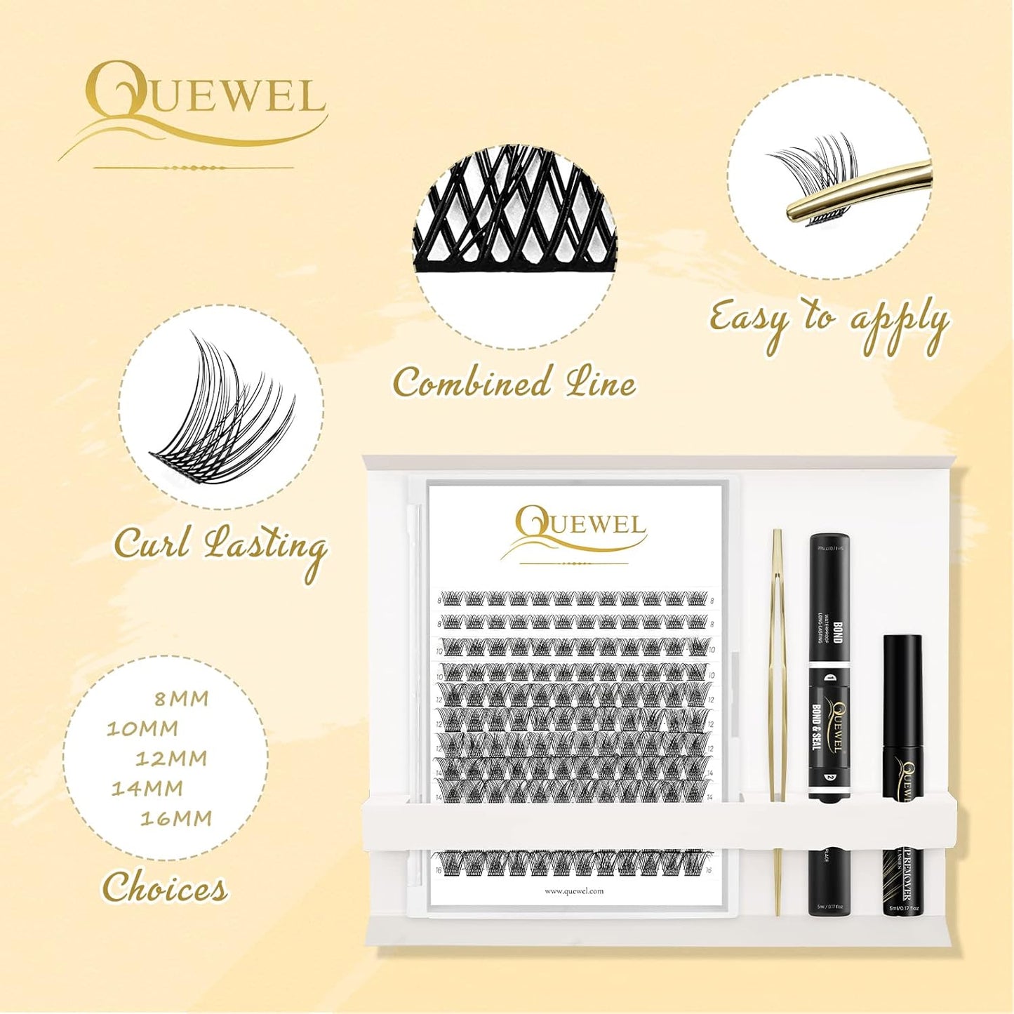 QUEWEL DIY Eyelash Extensions Kit, 144 Pcs Lash Clusters, Cluster Eyelashes Applicator Tool, Super Hold Cluster Lashes Bond and Seal, Clusters Lash Glue Remover Easy to Use at Home(QU-H-DH-02)