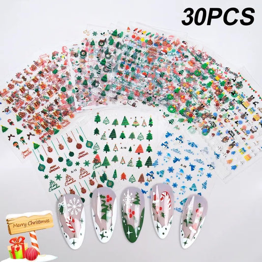 30 Sheets Christmas Nail Art Stickers 3D Self- Adhesive Snowflake Nail Charms Decals White Red Christmas Nail Decorations Accessories Supplies