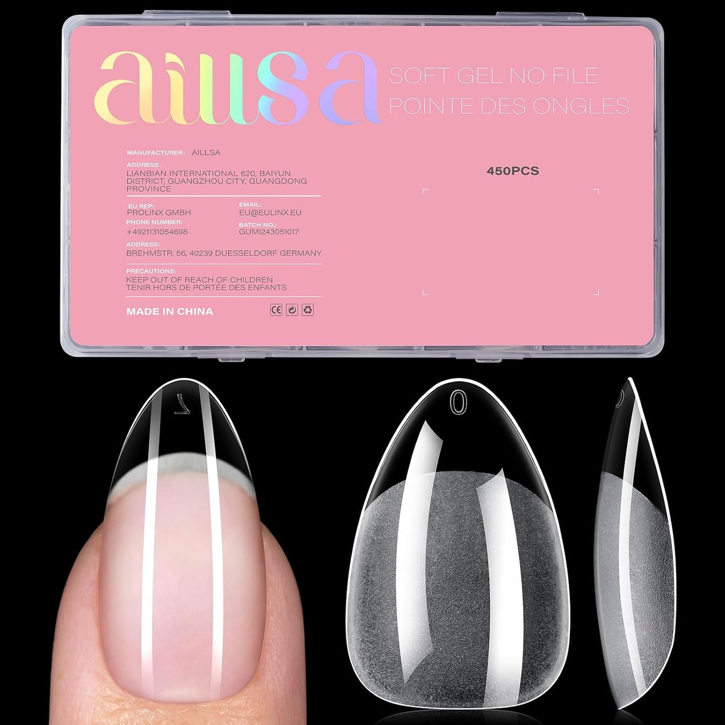 AILLSA Short Almond Nail Tips - Thickened Pre-shaped False Nail Tips Short Almond Shaped Half Matte Nails Tips, Fake Nails Extension 450pcs 15 Sizes with Storage Box