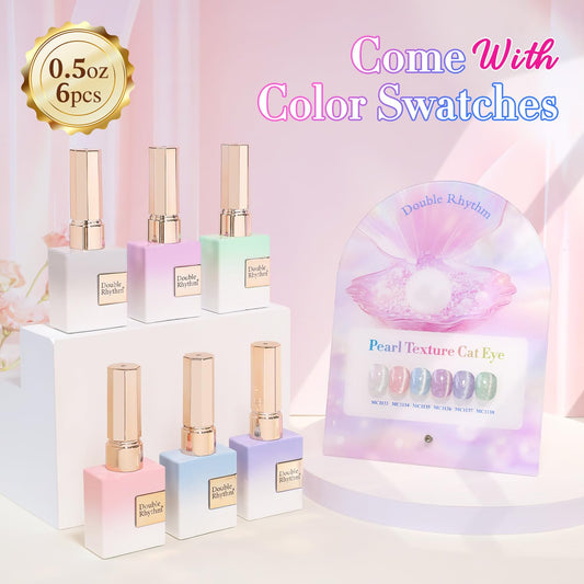 Double Rhythm Cat Eye Gel Nail Polish Set of 6 Same Color Same Bottle 0.5 Oz Shimmer Glitter with Magnet Holographic Reflective Magnetic UV Nail Polish Kit (Pearl Pink Blue Green Purple-T6-36)