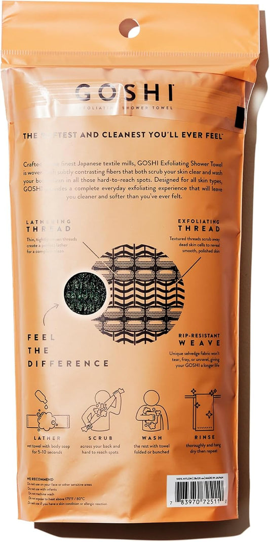 GOSHI Exfoliating Shower Towel - Rip-Resistant Exfoliating Washcloth for All Skin Types - Moss Green - Made in Japan