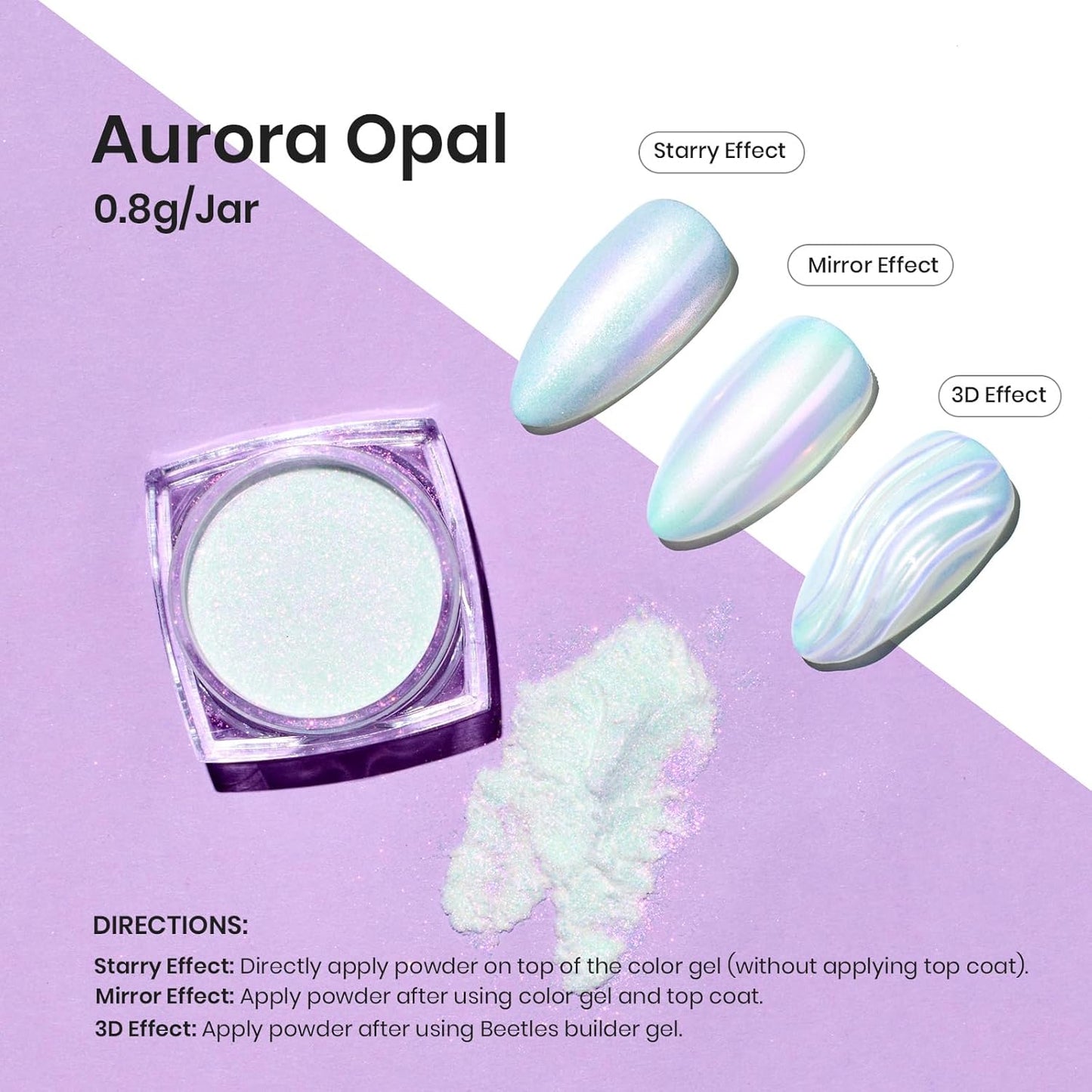 Beetles Chrome Nail Powder Mirror Effect Glazed Aurora Opal Chrome Powder for Gel Nails Unicorn Chrome Powder Manicure DIY Nail Art Decoration 0.03oz/0.8g