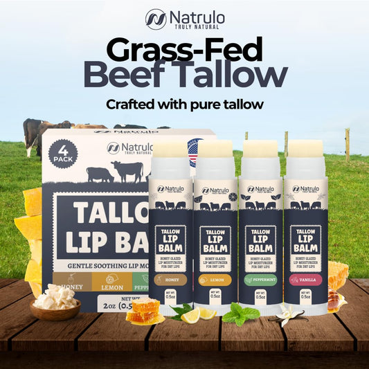Beef Tallow Lip Balm – Natural Tallow Beeswax Chapstick – Hydrating Grass Fed Beef Tallow Honey Balm Lip Care – Soothes Chapped Dry Sensitive Lips – Long Lasting Vitamin Rich USA-Made Variety Pack