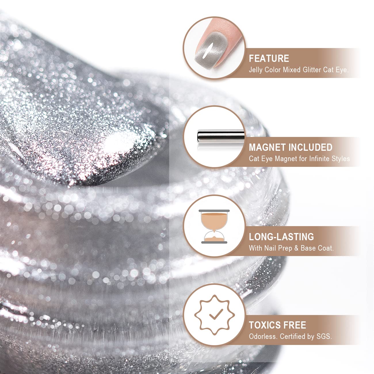 RARJSM Silver Cat Eye Gel Nail Polish 9D Cateye Galaxy Universal Glitter Shimmer Velvet Ice Gel Polish Single Bottle 15ml with Magnetic Stick UV LED Curing Requires Soak Off Home Salon DIY Manicure