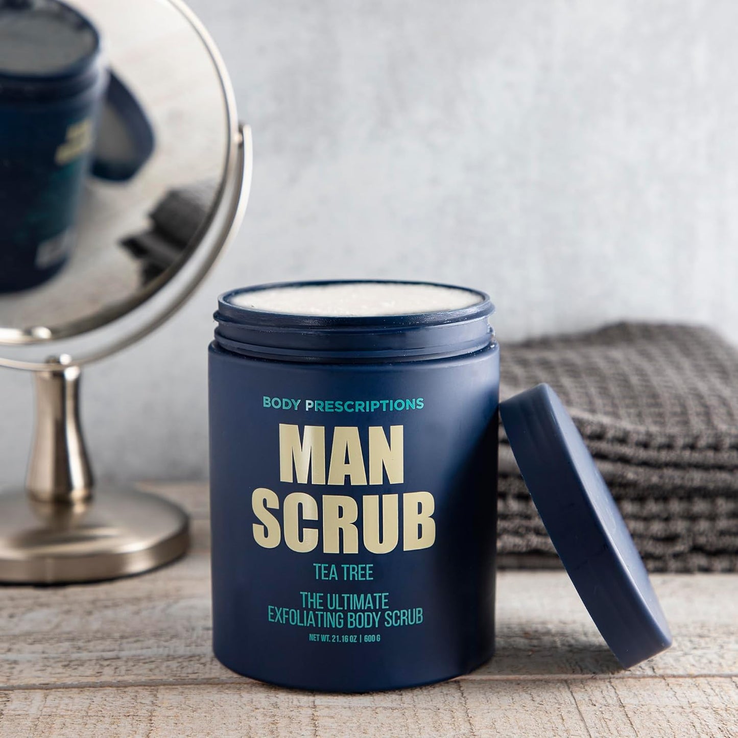 Body Prescriptions Men’s Exfoliating Body Scrub – Ultimate Skin Cleansing Wash in Jar with Twist-Top Lid, For All Skin Types, 21 Ounce (Pack of 4), Tea Tree