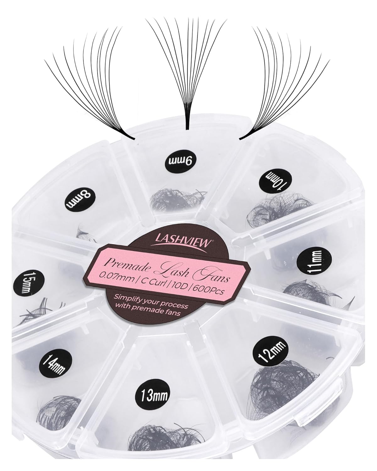 LASHVIEW 600 Premade Volume Eyelash Extensions Mixed Tray Fans C Curl Pointed Handmade Loose Fans Thin Base (10D-0.07C,8-15mm)