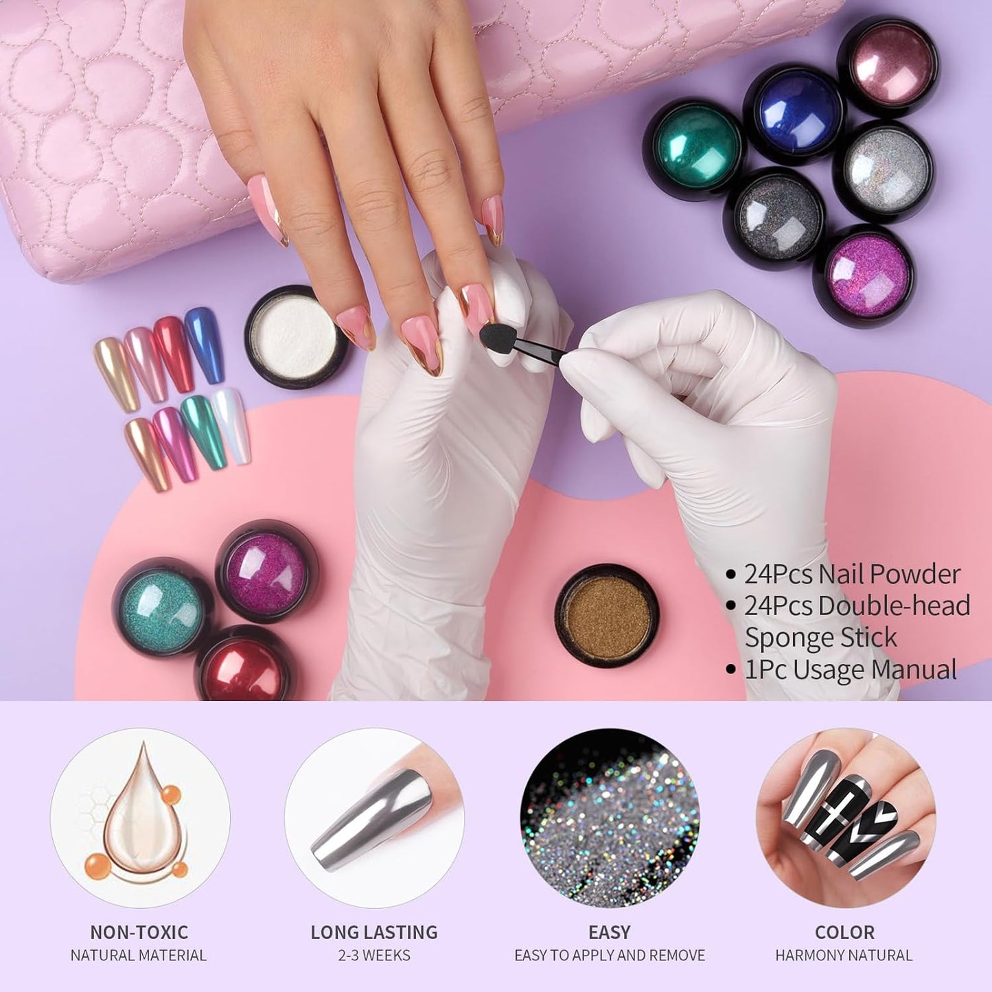 BORN PRETTY Holographic Nail Powder Mirror Metallic Powder Pigment Gold Silver Red Purple Blue Green 24 Colors Manicure Nail Art Decoration Sets for Christmas Gifts