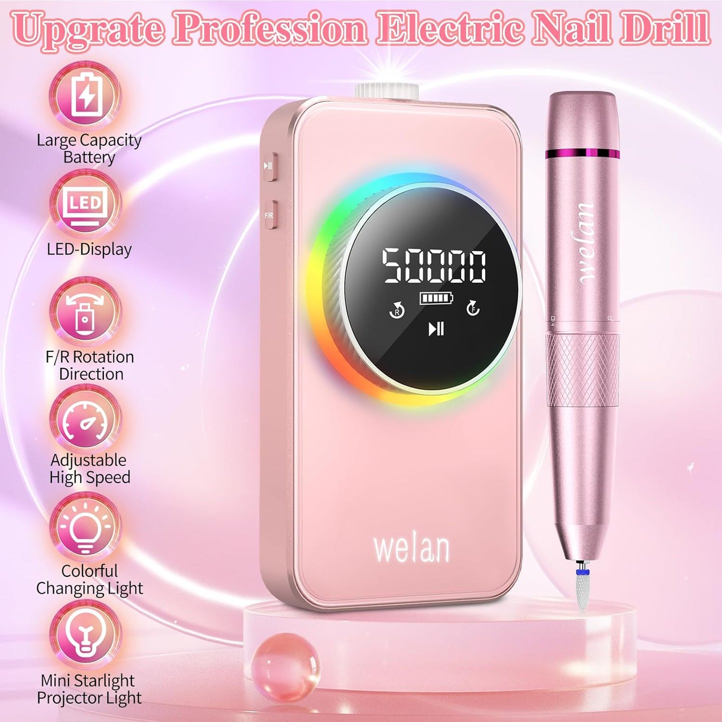 Electric Nail Drill Professional 50000RPM, 2025 Pro Fast Removal Electric Nails Drill, 6000mAh Rechargeable Portable Nail Drill Machine for Acrylic Gel Nails, Manicure Polishing for Salon Home