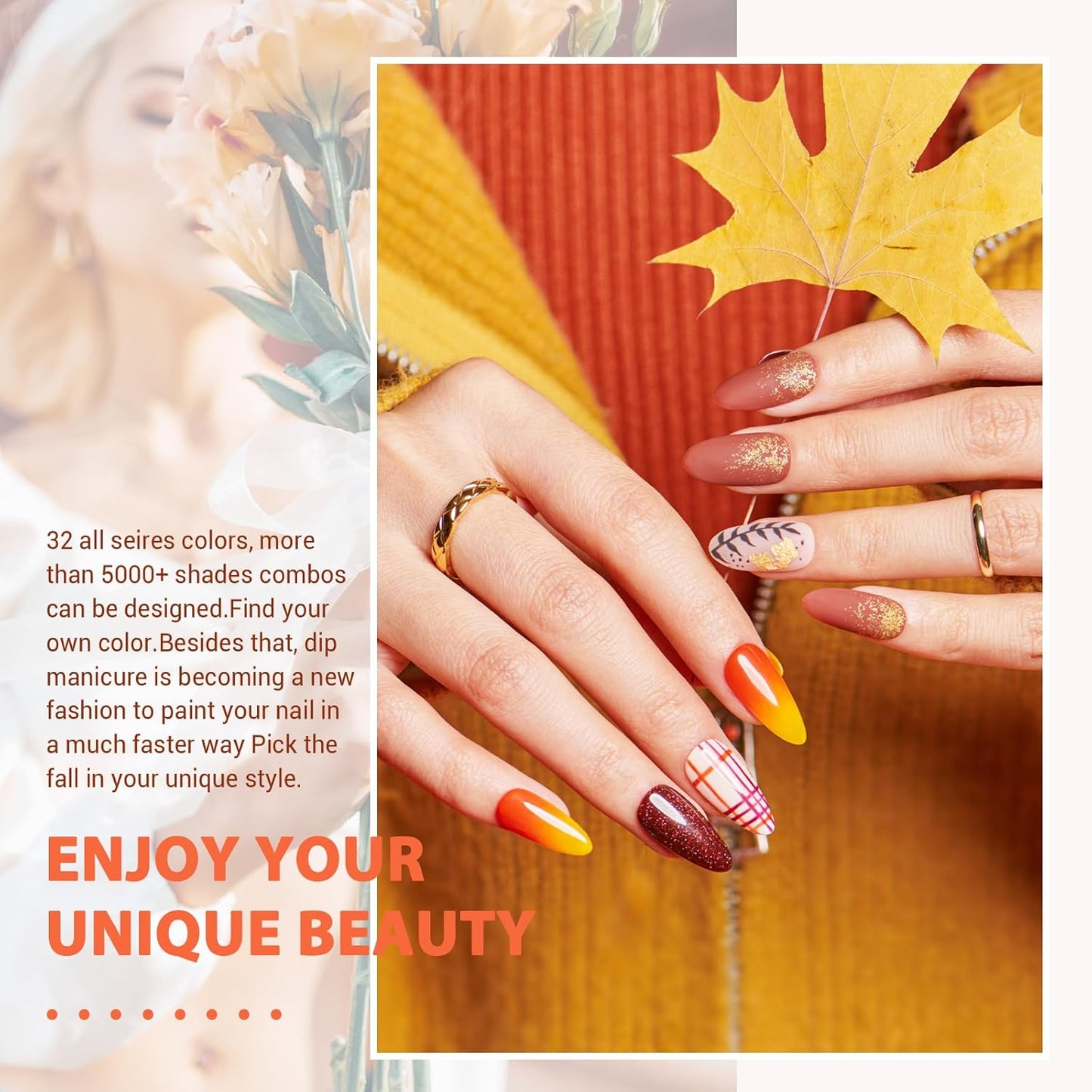 AZUREBEAUTY 42Pcs Dip Powder Nail Kit Starter, 32 Colors Fall Set Green Nude Brown Blue Dipping Powder Set with Top/Base Coat & Recycling Tray for French Art Manicure Salon