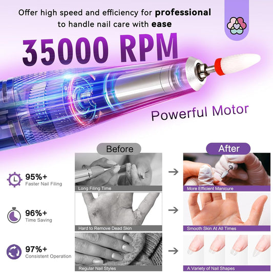 SAVILAND Portable Electric Nail Drill: 35000RPM Nail Drill 10 Hours Efile Portable Rechargeable Nail Machine 13 Drill Bits Ceramic Drill Bit Grey Purple Nail File Home Use Manicure Pedicure