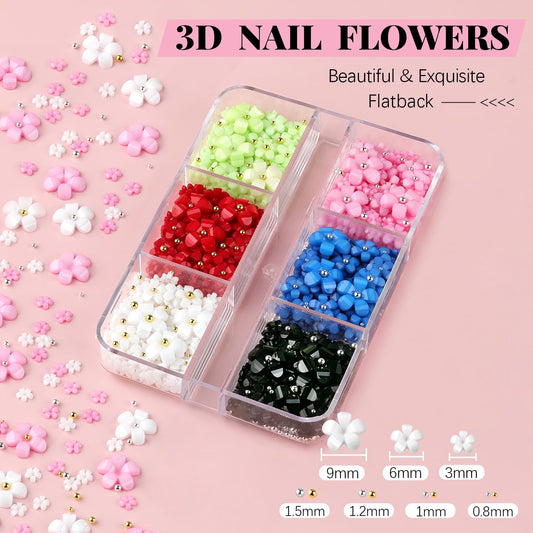 3D Flowers, Manicure Kit with Nail Rhinestone Glue Gel, Colorful Acrylic Flower Nail Charms with Caviar Beads, Rhinestones for Nails + Gem Glue for Nails (UV/LED Needed) with Pickup & Dotting Tools