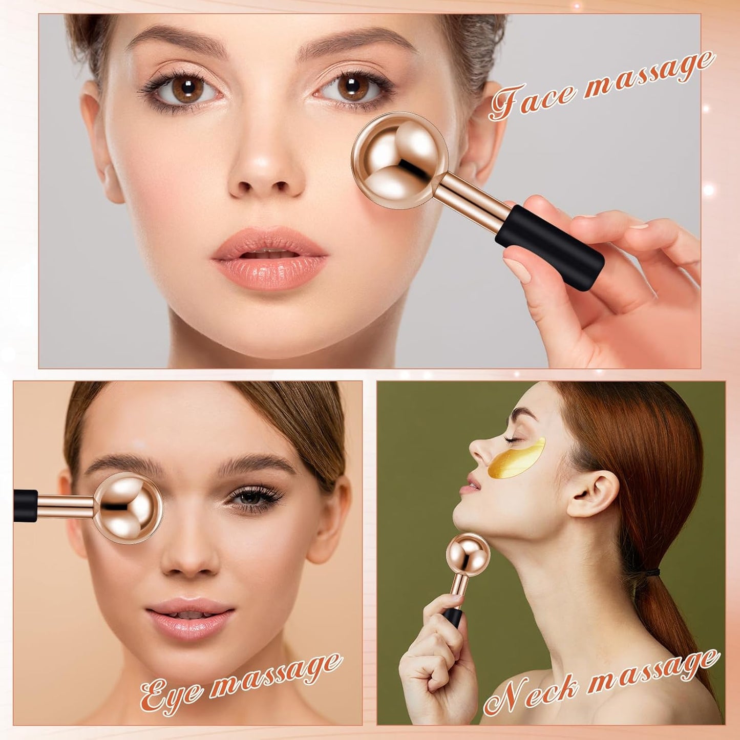 Baderke 2 Pcs Ice Globes for Face Stainless Steel Cooling Globes Unbreakable Cooling Roller Women Ice Balls Cryo Sticks Face Skin Care for Dark Circles, Puffiness(Rose Gold (black Handle))