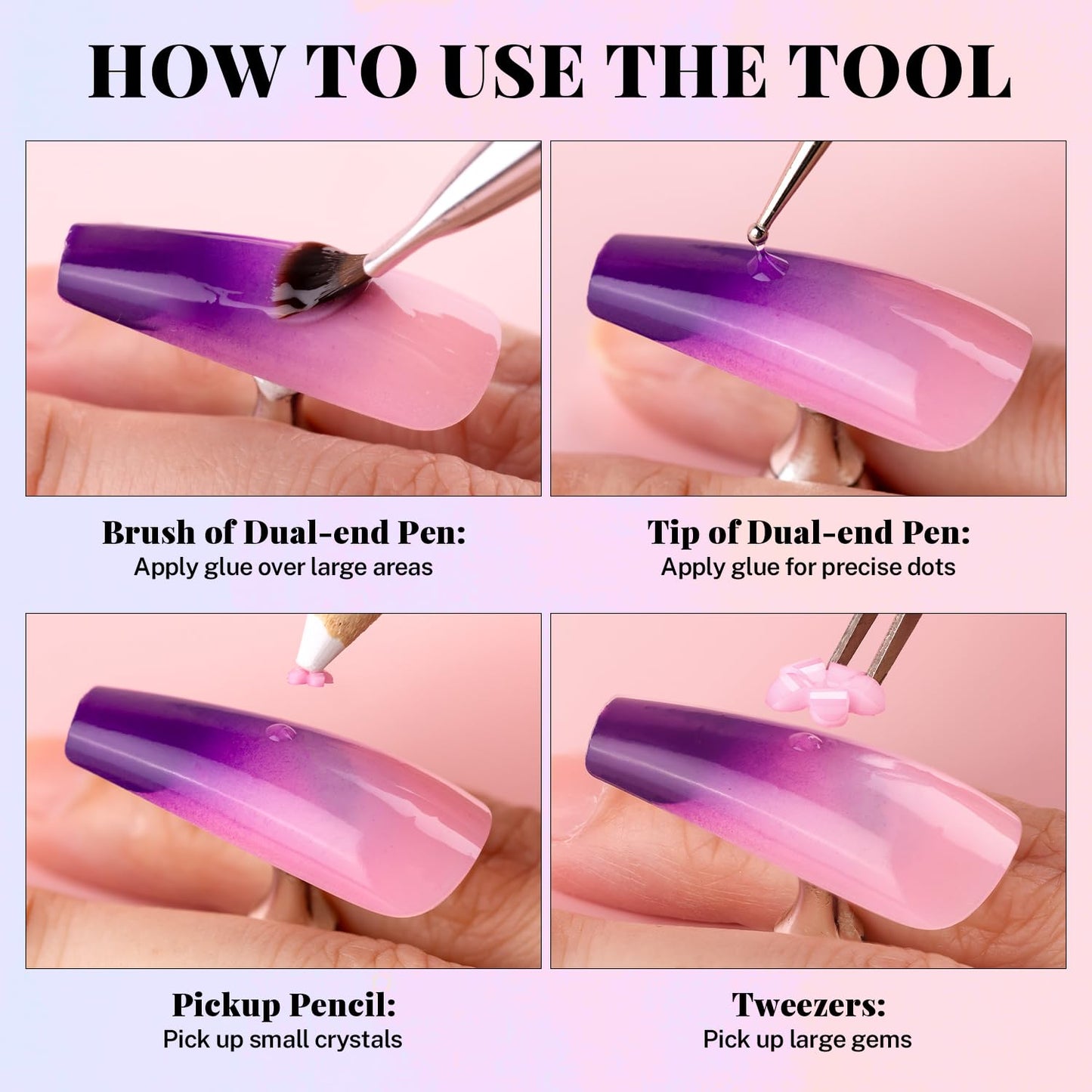 3D Flowers, Manicure Kit with Gel Glue, Colorful Acrylic Flower Nail Charms & Caviar Beads, Rhinestones & Gem Glue (UV/LED Needed) with Pickup & Dotting Tools