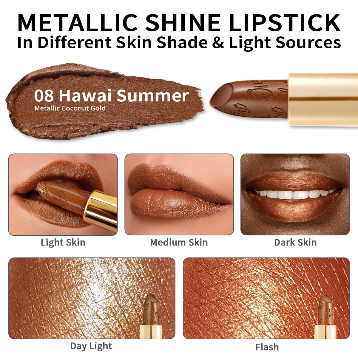 Oulac Dark Brown Lipstick for Women with Metallic 3D Shine Lightweight Hydrating Formula, High Impact Lip Color, Vegan Beauty, Full Coverage Lip Makeup, Christmas Gifts for Women, Hawaii Summer(08)