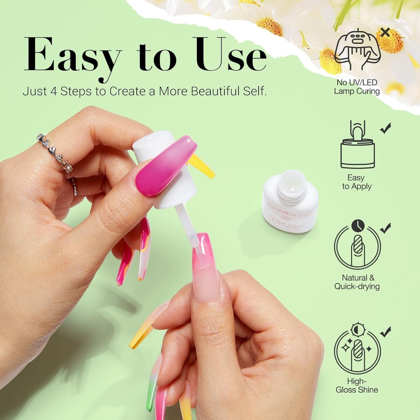 AZUREBEAUTY Dip Powder Nail Kit Bright Yellow with Base Top Coat Activator Dried Flowers for French Nails Art Manicure DIY Salon