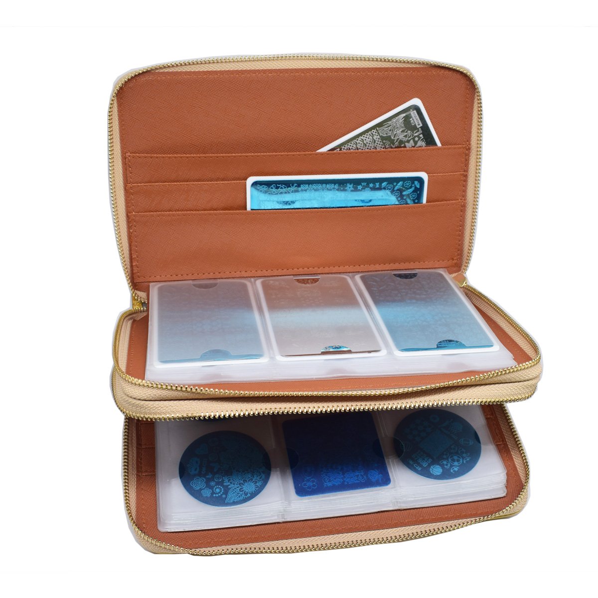 Mezerdoo 216 Slots Stamping Plate Holder Case Rainbow Laser Design Round Square Rectangular Nail Art Stamp Template Organizer 1pcs Empty Nail Art Plate Case Bag (gold - 216 Slots)