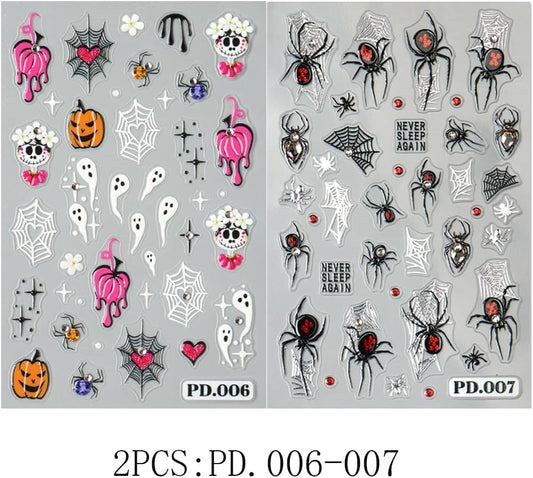2Pcs Halloween Nail Stickers 5D Embossed Self Adhesive Day of The Dead Nail Decals with Cute Ghost Design Spider Web Pumpkin Nail Art Stickers Halloween Nail Supplies Nail Art Decoration for Women