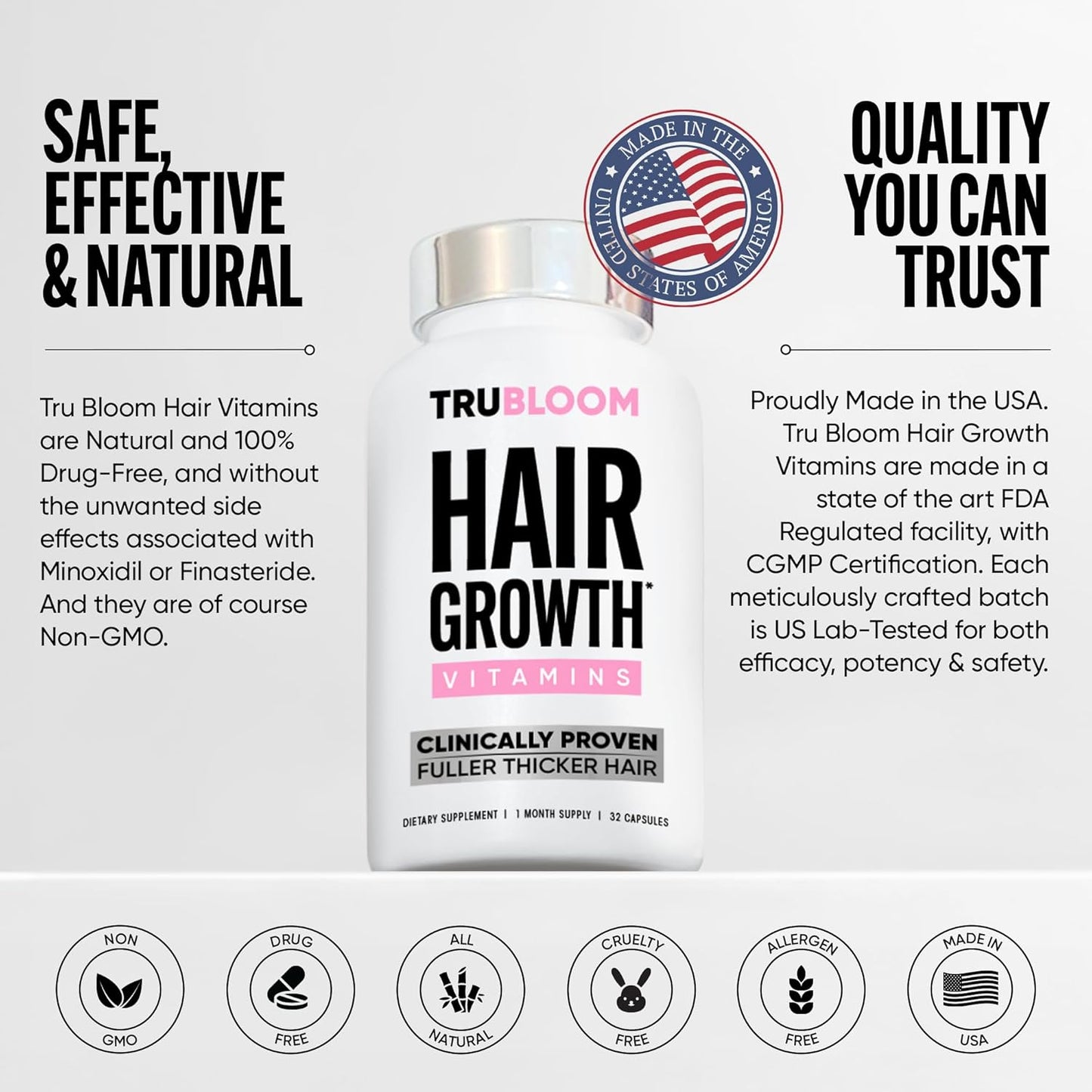 Tru Bloom Hair Growth Vitamins - 1 Month Supply. Clinically Proven to Grow Fuller, Thicker Hair. Natural & Drug-Free with Biotin, MSM, Zinc, D3 + Hair Superfoods. Non GMO