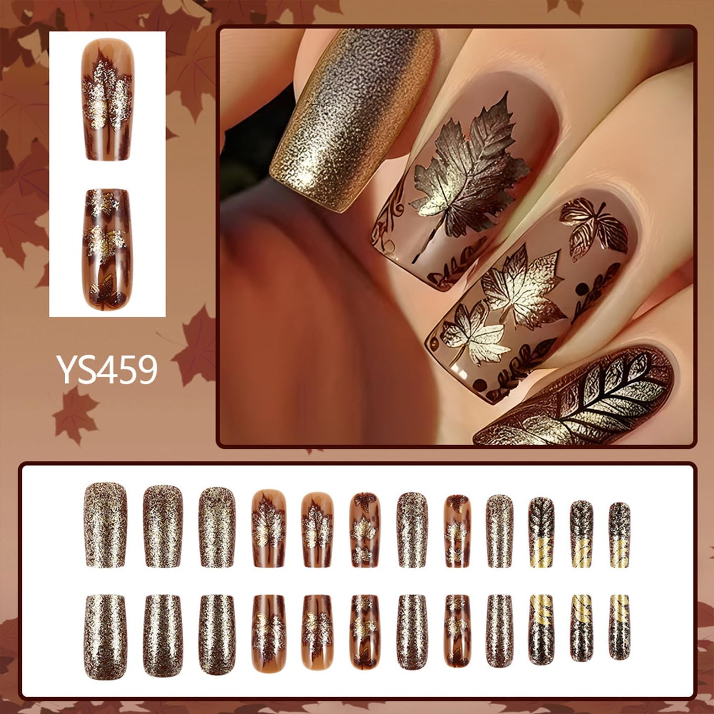 Vintage Thanksgiving Press on Nails Fall Glitter Maple Leaves Fake Nails Long Square Acrylic Glue on Nail Matte Autumn Maple Leaf Stick on Nail for Women DIY Manicure