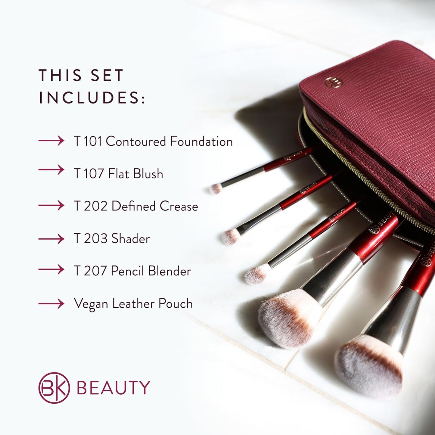 BK BEAUTY Travel Brush Set with Pouch 5-Piece Vegan, Cruelty-Free Brushes for Face & Eyes | Lightweight, Durable Makeup Brushes in Vegan Leather Pouch Perfect Travel-Size Makeup Brush Set