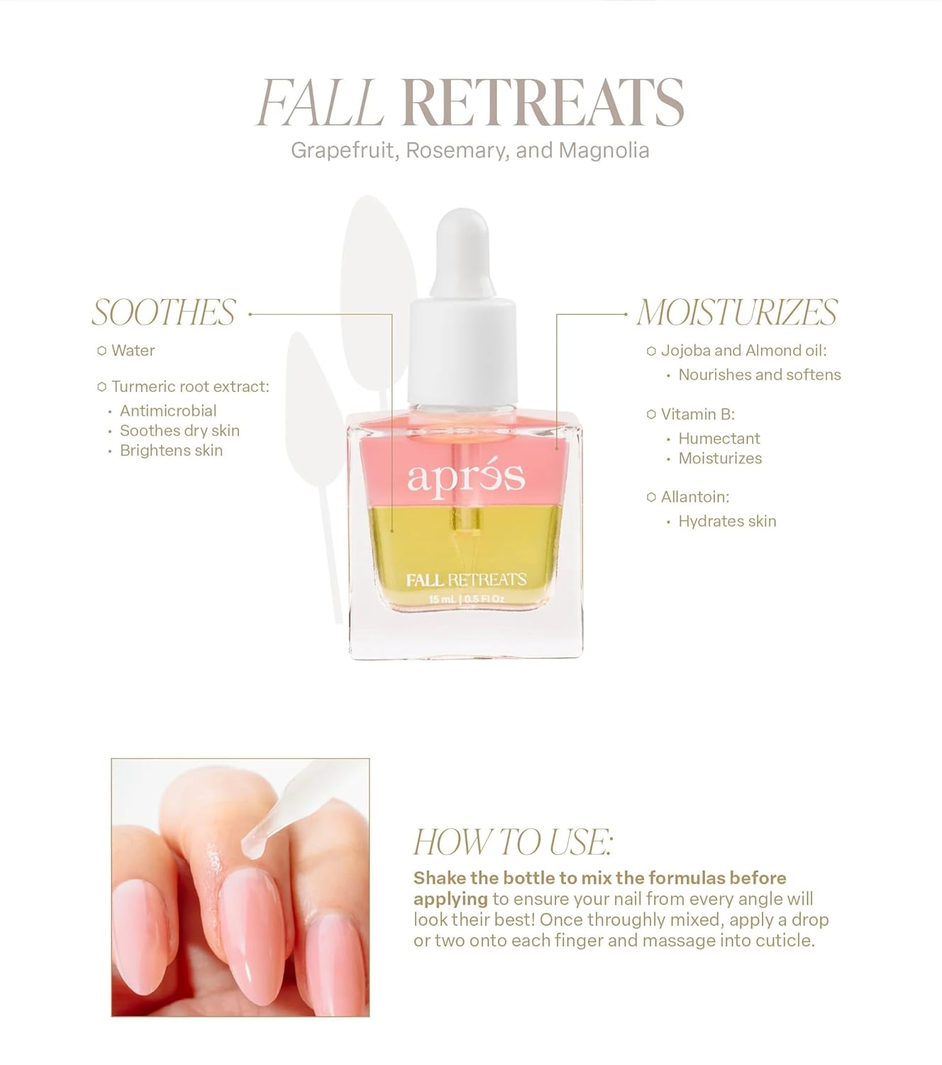 Apres Light & Shadow Cuticle Serum, Nourishing Blend of Almond and Jojoba Oil, Vitamin B and Turmeric, Cuticle Repair Oil 15 mL (15 ml, Fall Retreats (Grapefruit, Rosemary, and Magnolia))