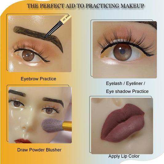 Makeup Practice Face Board, 5D Makeup Mannequin Face with Makeup Practice Kit for Makeup Artist, Beginners Face Makeup Practice, Eyelash Eyeliner Eyebrow Mapping, Come with Makeup Tools & Makeup Bag