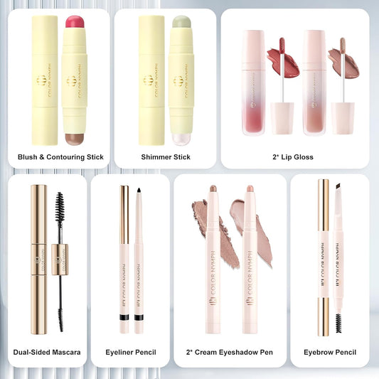 Color Nymph Makeup Kit for Girls Beginner Makeup Gift Set with Portable Bag Include 2 Color Lip Gloss, Eyeshadow Pen, Blush & Contouring, Highlight, Mascara, Eyebrow Pencil
