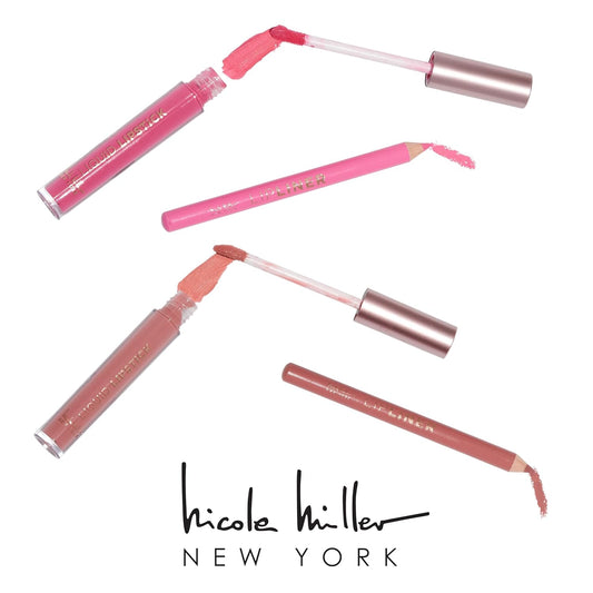 Nicole Miller Rosy Nudes Lip Collection | 6 Piece Set | 3 Luxurious Lip Liners & 3 Liquid Lip Sticks in Light Rose, Rosy Mauve, and Deep Peach