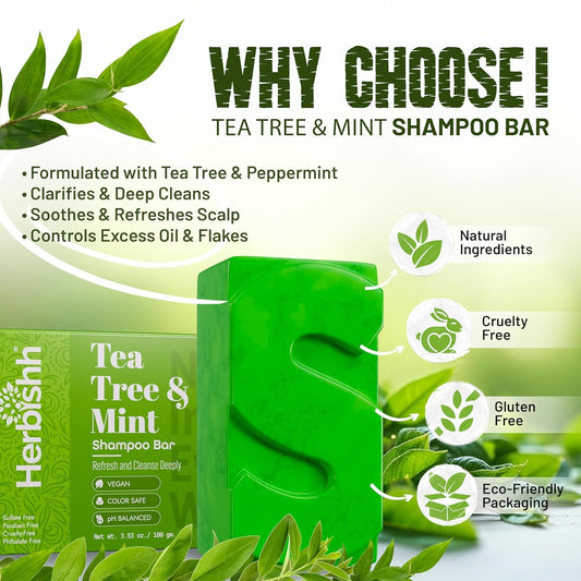 Herbishh Tea Tree & Mint Shampoo Bar – Tea Tree Oil Soap Bar for Oily Hair & Scalp Cleanse – Solid Travel Size Shampoo for Men & Women – Minty Deep Cleansing, 3.53 oz pk of 3