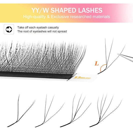 W Lash Extensions 5D Eyelash Extensions W Shape 0.07mm Thickness L Curl 14mm Premade Fans W Lashes Individual Lashes Matte Black 12 Rows False Eyelashes Volume Lashes(W-5D-0.07-L,14mm)