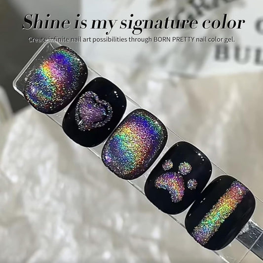 Born Pretty Cat Magnetic Eye Gel Nail Polish Holographic Rainbow Cat Magnetic Gel, Black Glitter Magnetic Soak Off U v Nail Gel Diy Art for Girls Women 15ML