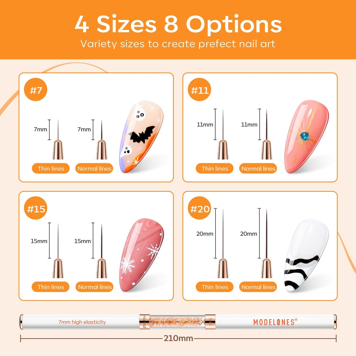 modelones Nail Art Brushes, Super Fine Liner Nail Brush Kit Dual-ended 7/11/15/20mm for Gel Polish Thin Lines, Precise Details, Fine Drawing Painting Design Acrylic Rhinestone Handle Salon & DIY Use