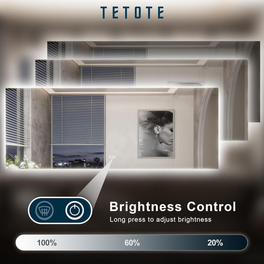 TETOTE 42 x 36 Inch LED Mirror Backlit Bathroom,Anti-Fog Mirror with Light,Dimmable,CRI90+,IP54 Water Proof,Wall Mounted Vanity Lighted,Horizontal/Vertical