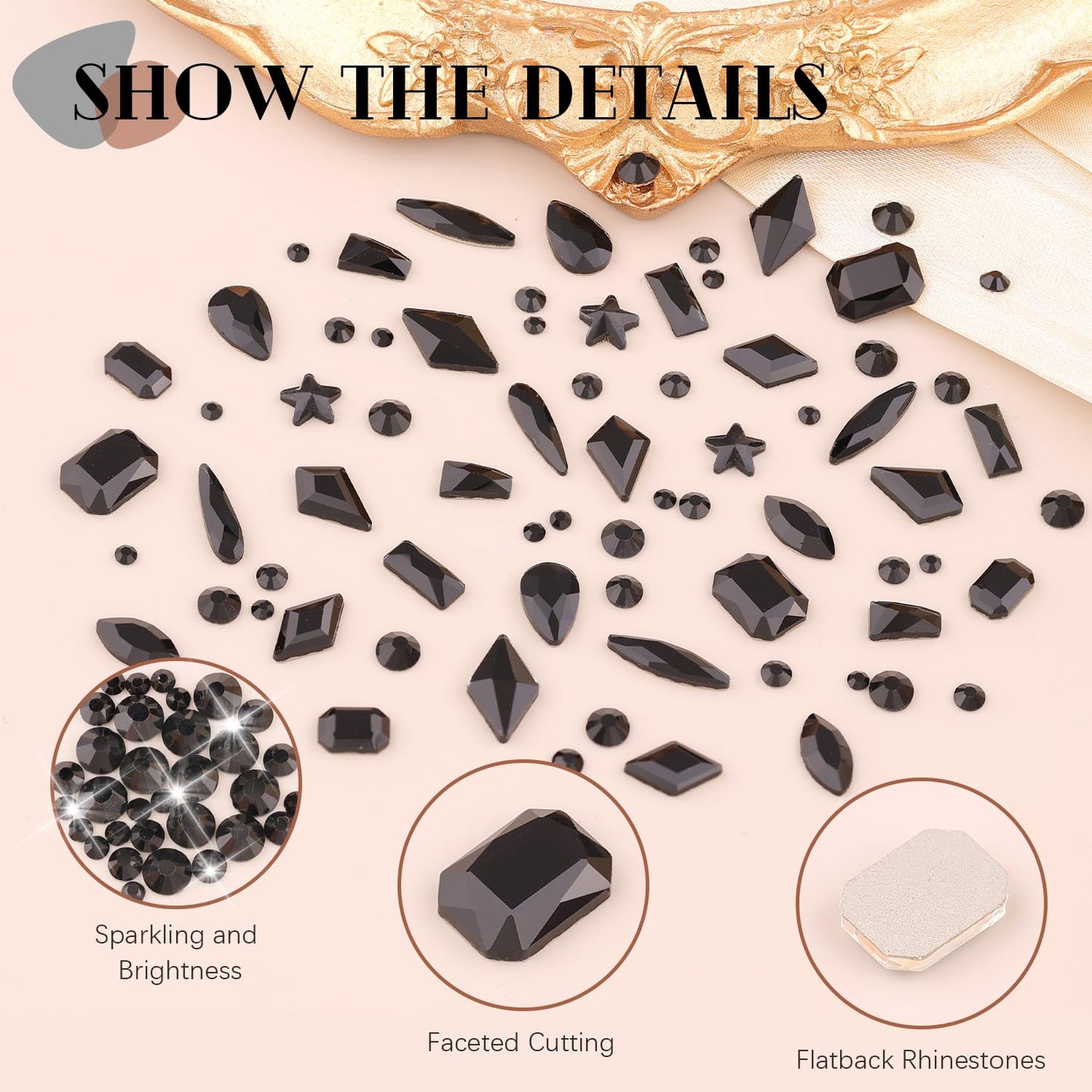 3220Pcs Black Glass Nail Rhinestones 120Pcs Multi Shapes Flatback Nail Gems + 3100Pcs 1.5-4mm Round Crystal with Rhinestones Glue Gel, Manicure Nail Charms Diamond Gemstones for Nail Art