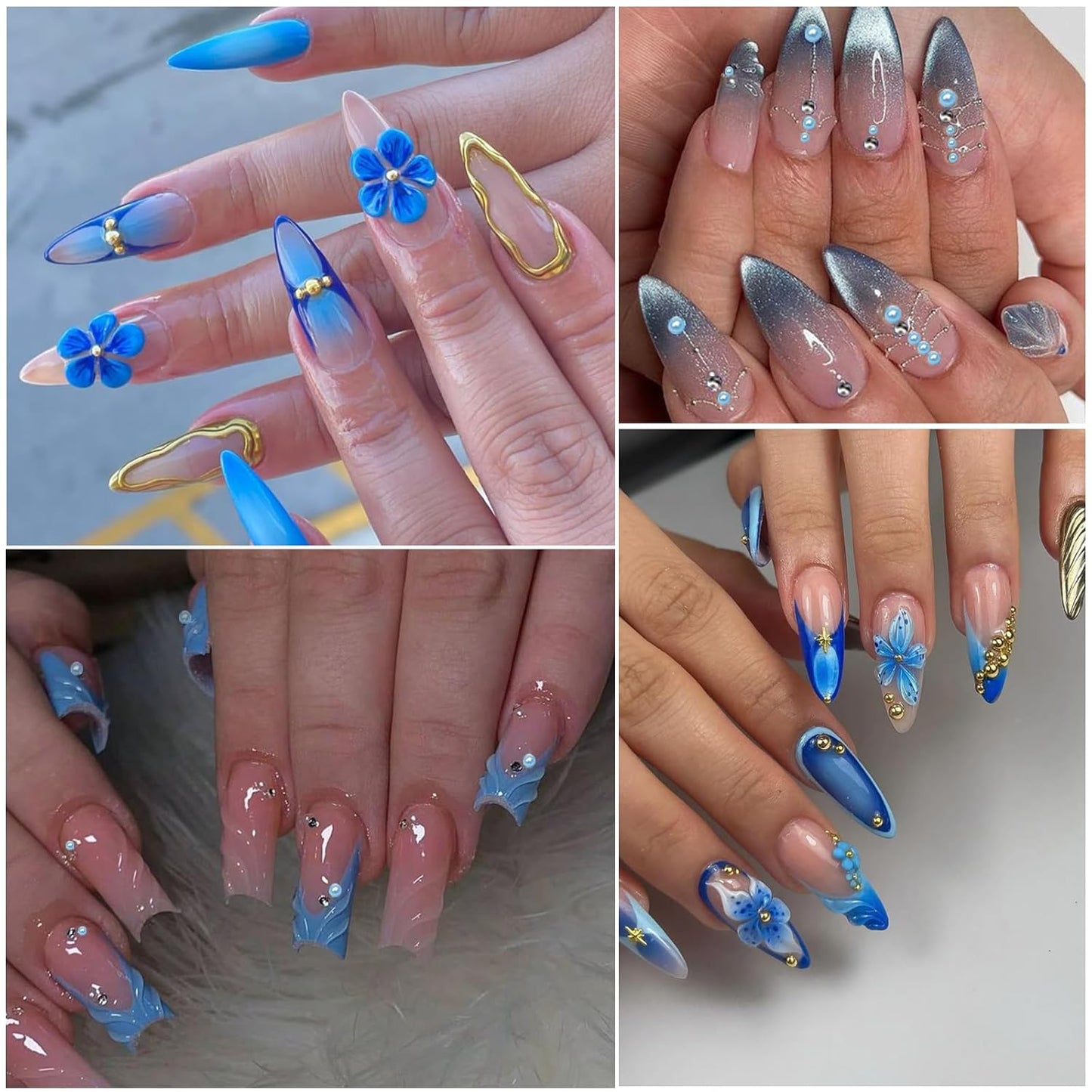 Nail Art Pearls with Rhinestones Glue Gel Flatback Pearls Nail Charms Luxurious Nails Supplies Accessories Gold Silver Gems Jewelry Pearl for Women Nails Design(Blue)