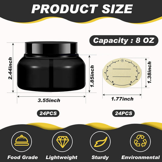 Tessco 24 Pack Plastic Jars with Lids Labels Empty Clear Plastic Jars Round Refillable Cosmetic Containers Body Butter Containers Bulk Sugar Scrub Bottle for Make Up(8 oz,Black)