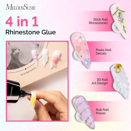 MelodySusie Nail Rhinestone Glue for Nails Super Strong Gel for Nail Charms Gems 3D Nail Gel UV Nail Glue for Nail Art Design Nail Chrome Powder Decals Decor Need UV/LED Cured 60g